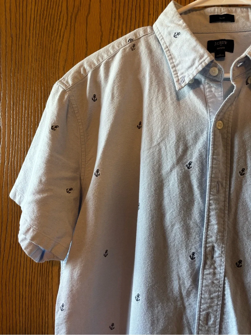 J. Crew Light Blue Short-Sleeve Button-Down Shirt with Navy Anchor Embroidery
